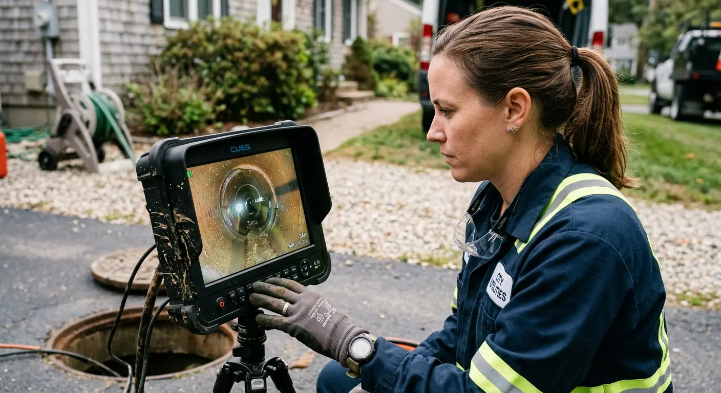 Technician reviewing sewer camera inspection footage in West Frankfort