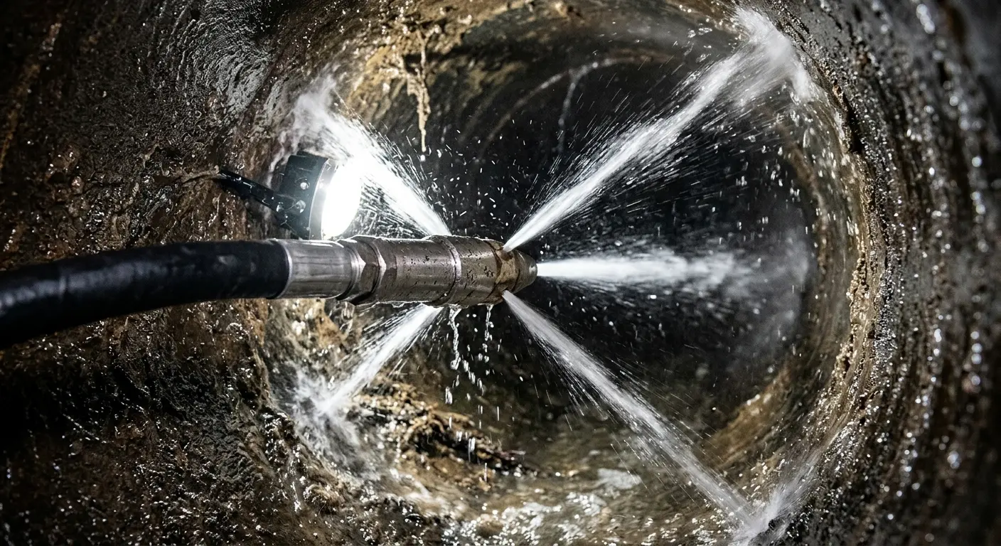High-pressure hydro jetting nozzle cleaning sewer pipe for Storm Drain Cleaning in West Frankfort