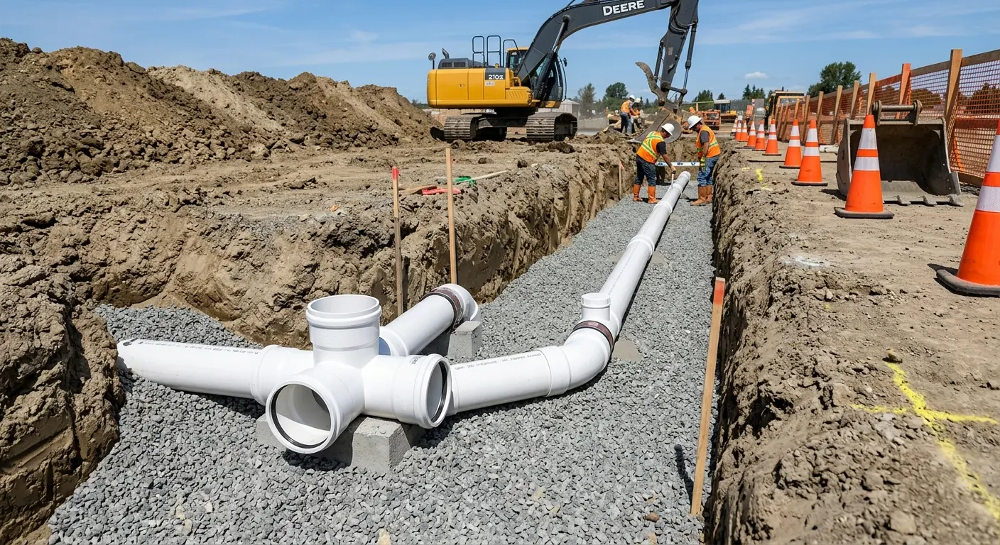 New PVC sewer pipe installation in open trench for Grease Trap Cleaning in West Frankfort