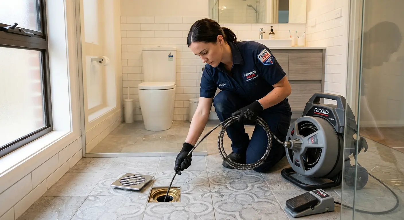 Technician clearing a bathroom floor drain for Hydro Jetting in West Frankfort